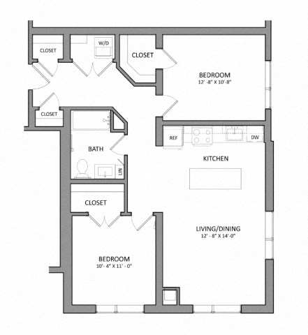 Floor plan for 2 beds, 1 bath, 860 sqft